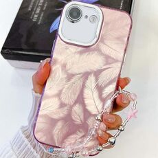 Per iPhone 16e placcatura glitter texture catena cinturino custodia per telefono in TPU con pellicola per lenti (piume rosa)