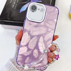 Per iPhone 16e placcatura glitter texture catena cinturino custodia per telefono in TPU con pellicola per lenti (piume viola)