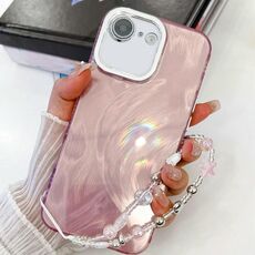 Per iPhone 16e placcatura glitter texture catena cinturino custodia per telefono in TPU con pellicola per lenti (filato di piume rosa)