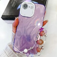 Per iPhone 16e placcatura glitter texture catena cinturino custodia per telefono in TPU con pellicola per lenti (filato di piume viola)