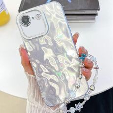 Per iPhone 16e placcatura glitter texture catena cinturino custodia per telefono in TPU con pellicola per lenti (rughe bianche)