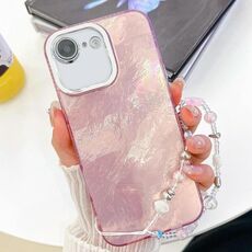 Per iPhone 16e placcatura glitter texture catena cinturino custodia per telefono in TPU con pellicola per lenti (texture stagnola rosa)
