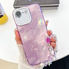 Per iPhone 16e placcatura glitter texture catena cinturino custodia per telefono in TPU con pellicola per lenti (texture stagnola viola)