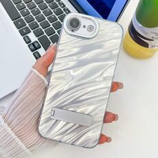 Per iPhone 16e placcatura glitter texture pieghevole supporto TPU custodia per telefono con pellicola per lenti (increspature acqua bianca)