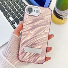 Per iPhone 16e placcatura glitter texture pieghevole supporto TPU custodia per telefono con pellicola per lenti (increspature acqua rosa)