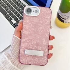 Per iPhone 16e placcatura glitter texture pieghevole supporto TPU custodia per telefono con pellicola per lenti (modello conchiglia rosa)