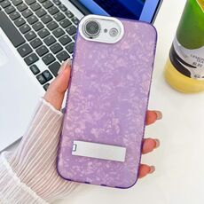 Per iPhone 16e placcatura glitter texture pieghevole supporto TPU custodia per telefono con pellicola per lenti (modello conchiglia viola)