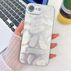 Per iPhone 16e placcatura glitter texture pieghevole supporto TPU custodia per telefono con pellicola per lenti (piume bianche)