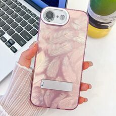 Per iPhone 16e placcatura glitter texture pieghevole supporto TPU custodia per telefono con pellicola per lenti (piume rosa)