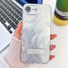 Per iPhone 16e placcatura glitter texture pieghevole supporto TPU custodia per telefono con pellicola per lenti (filato di piume bianche)