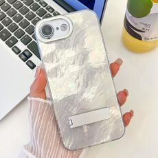 Per iPhone 16e placcatura glitter texture pieghevole supporto TPU custodia per telefono con pellicola per lenti (texture stagnola bianca)
