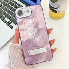 Per iPhone 16e placcatura glitter texture pieghevole supporto TPU custodia per telefono con pellicola per lenti (texture stagnola viola)