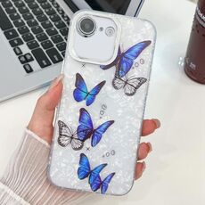 Per iPhone 16e Custodia per telefono in TPU con texture a farfalla e pellicola per lenti glitterate (farfalle blu HU3)