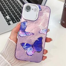 Per iPhone 16e Custodia per telefono in TPU con texture a farfalla e pellicola per lenti glitterate (farfalle viola HU4)