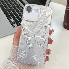 Per iPhone 16e Custodia per telefono in TPU con motivo a farfalla e pellicola per lenti glitterate (farfalle argento HU6)