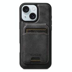 Per iPhone 15 Plus Suteni M5 Custodia per carte magnetiche MagSafe in pelle per telefono (nero)