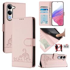 Per vivo Y29S 5G / Y04 4G Global Cat Rat Embossed Pattern RFID Custodia in pelle per telefono con cordino (rosa)