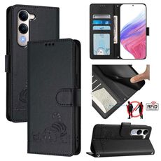 Per vivo Y29S 5G / Y04 4G Global Cat Rat Embossed Pattern RFID Custodia in pelle per telefono con cordino (nero)
