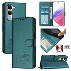 Per vivo Y29S 5G / Y04 4G Custodia per telefono in pelle con motivo in rilievo a forma di gatto e ratto con cordino (verde pavone)