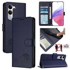 Per vivo Y29S 5G / Y04 4G Custodia per telefono in pelle con motivo in rilievo a forma di gatto e ratto con cordino (blu)
