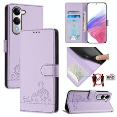 Per vivo Y29S 5G / Y04 4G Global Cat Rat Embossed Pattern RFID Custodia in pelle per telefono con cordino (viola)