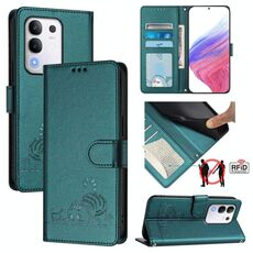 Per vivo Y29 4G Global Cat Rat Embossed Pattern RFID Custodia in pelle per telefono con cordino (verde pavone)