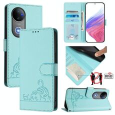 Per vivo V50 5G Global Cat Rat Embossed Pattern RFID Custodia in pelle per telefono con cordino (verde menta)
