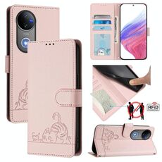 Per vivo V50 5G Global Cat Rat Embossed Pattern RFID Custodia in pelle per telefono con cordino (rosa)