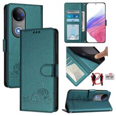 Per vivo V50 5G Global Cat Rat Embossed Pattern RFID Custodia in pelle per telefono con cordino (verde pavone)