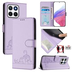 Per Honor X8c 4G Global Cat Rat Custodia in pelle con motivo in rilievo RFID con cordino (viola)