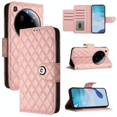 Per Xiaomi 15 Ultra Rhombic Texture Flip Custodia in Pelle con Lanyard (Rosa Corallo)
