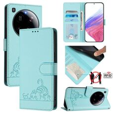 Per Xiaomi 15 Ultra Cat Rat Custodia in pelle con motivo in rilievo RFID con cordino (verde menta)