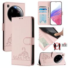 Per Xiaomi 15 Ultra Cat Rat Custodia in pelle con motivo in rilievo RFID con cordino (rosa)