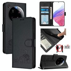 Per Xiaomi 15 Ultra Cat Rat Custodia in pelle con motivo in rilievo RFID con cordino (nero)
