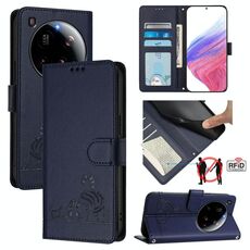 Per Xiaomi 15 Ultra Cat Rat Custodia in pelle con motivo in rilievo RFID con cordino (blu)