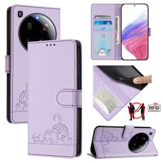 Per Xiaomi 15 Ultra Cat Rat Custodia in pelle con motivo in rilievo RFID con cordino (viola)
