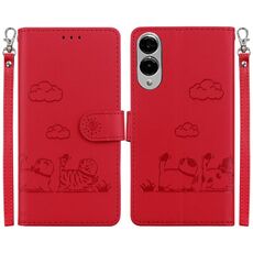 Per Samsung Galaxy S25 Edge 5G Custodia per telefono in pelle RFID con simpatici gatti (rosso)