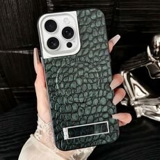 Per iPhone 16 Pro Max Custodia per telefono MagSafe in PU con motivo a ciottoli e supporto (verde scuro)
