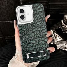 Per iPhone 16 Plus Custodia per telefono MagSafe in PU con motivo a ciottoli e supporto (verde scuro)