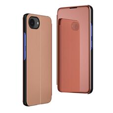 Per iPhone 16e Custodia per telefono in pelle con supporto a specchio orizzontale placcato (oro rosa)