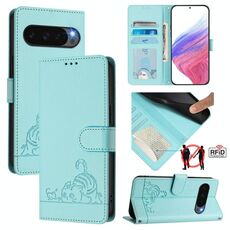 Per Google Pixel 10 Pro XL 5G Global Cat Rat Embossed Pattern RFID Custodia in pelle per telefono con cordino (verde menta)