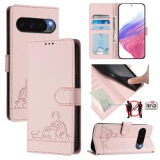 Per Google Pixel 10 Pro XL 5G Global Cat Rat Embossed Pattern RFID Custodia in pelle per telefono con cordino (rosa)