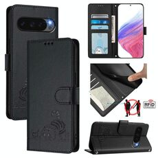 Per Google Pixel 10 Pro XL 5G Global Cat Rat Embossed Pattern RFID Custodia in pelle per telefono con cordino (nero)