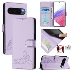 Per Google Pixel 10 Pro XL 5G Global Cat Rat Embossed Pattern RFID Custodia in pelle per telefono con cordino (viola)