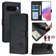 Per Google Pixel 10 5G Global Cat Rat Embossed Pattern RFID Custodia in pelle per telefono con cordino (nero)