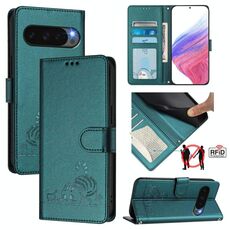 Per Google Pixel 10 5G Global Cat Rat Embossed Pattern RFID Custodia in pelle per telefono con cordino (verde pavone)