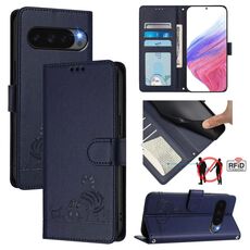 Per Google Pixel 10 5G Global Cat Rat Embossed Pattern RFID Custodia in pelle per telefono con cordino (blu)