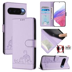 Per Google Pixel 10 5G Global Cat Rat Embossed Pattern RFID Custodia in pelle per telefono con cordino (viola)