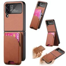 Per Samsung Galaxy Z Flip4 Twill Tessuto Pelle Pelle Carta Borsa Magnetica Posteriore Custodia per Telefono (Marrone)