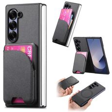 Per Samsung Galaxy Z Fold6 Twill Tessuto Pelle Pelle Carta Borsa Magnetica Posteriore Custodia per Telefono (Nero)